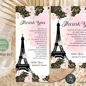 10x9 und 12x18 Sweet Sixteen 16 Danksagungskarten, Paris Eiffelturm Sweet Sixteen 16, Corjl digital printable, Paris, rosa Rosen, schwarz, gold.