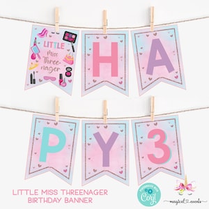 THREENAGER birthday digital banner, Threenager favors favor, Little Miss Threenager digital printable instant download, girl birthday banner
