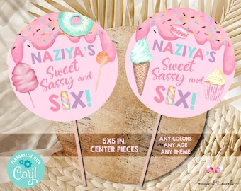 Sweet One girl birthday centerpieces, 6th birthday favors, girl sweets candy donut ice cream, sweet sassy and six birthday center pieces.