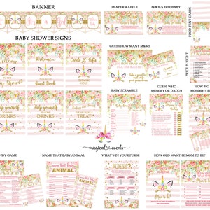 Unicorn baby shower games signs and cards bundle, girl unicorn games signs and cards package, baby unicorn, flowers and gold glitter pack.