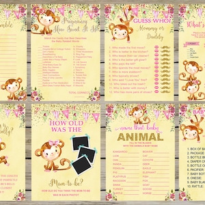 May include: A set of printable baby shower game cards featuring a monkey theme. The cards are yellow with pink and gold accents and include games like "Baby Scramble", "How Sweet It Is", "Guess Who? Mommy or Daddy", "What's in Your Purse?", "How Big is Mommy's Belly?", "How Old Was The", "Name That Baby Animal", and "Baby Shower The Price is Right".