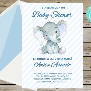 Elephant baby shower invitation, boy baby shower invite, Spanish Español, blue baby shower, corjl digital printable, elephant blue stripes.