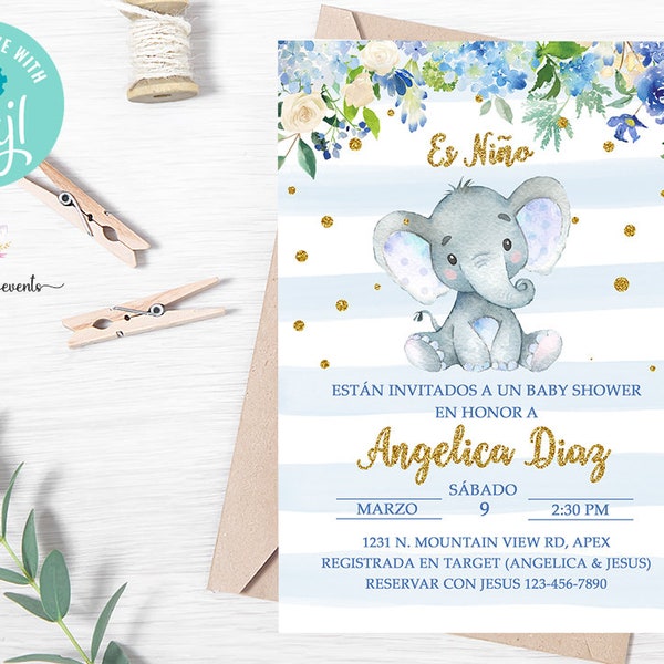 Blue elephant baby shower invitation, boy baby shower invite, elephant gold glitter, corjl digital printable, es niño, Español, Spanish.