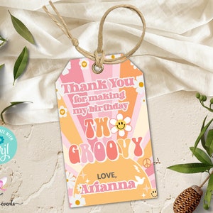Two Groovy girl birthday thank you tags, birthday favors, girl retro 70&#39;s hippie thank you tags, birthday tags, groovy girl favor tags.
