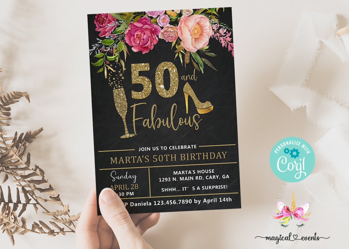 50 and Fabulous Birthday Invitation, Pink Flowers Gold Glitter