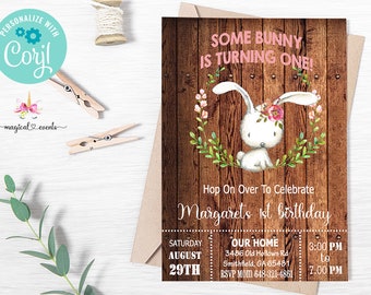 Some bunny is turning one 1st birthday invitation, white bunny brown wood girl first birthday invite, corjl digital printable, hop on over.