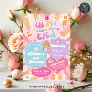 DREINAGER ERA Mädchen GROOVY drittel Geburtstagseinladung, Mädchen dreinager Geburtstag einladen, digital printable, drei-nager groovy Mädchen.