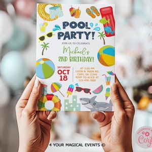 May include: A colorful pool party invitation for a 2nd birthday party. The invitation features a blue and white pool float, a beach ball, a shark, and a popsicle. The text on the invitation reads "Pool Party! Join us to celebrate Michael's 2nd Birthday! Saturday Oct 18 at 3:00 PM 12938 N. Main Rd. Cary, GA 12345 RSVP to Alice at 123-456-7890".