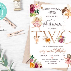 Invitación de 2º cumpleaños de hadas, invitación de segundo cumpleaños de niña, imprimible digital, flores de hadas, cartas de cobre, invitación de hadas, corjl.