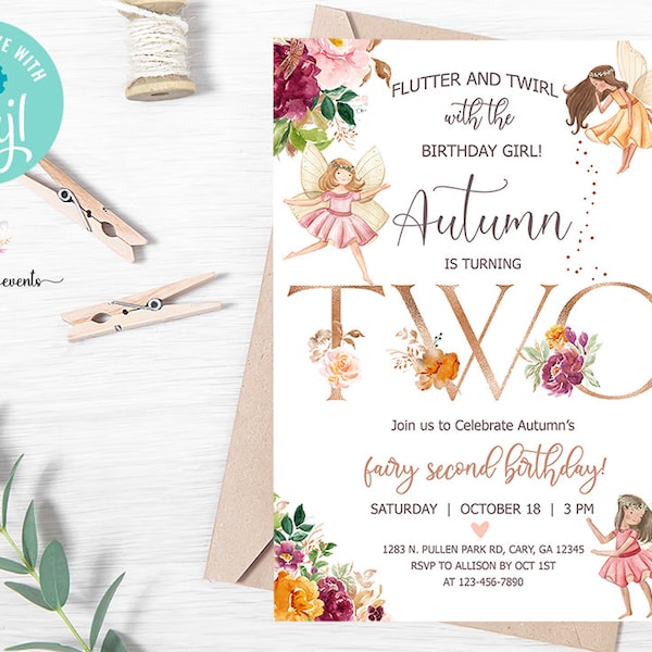 Fairy 2nd birthday invitation, girl second birthday invite, digital printable, fairies flowers, copper letters, fairies invitation, corjl.