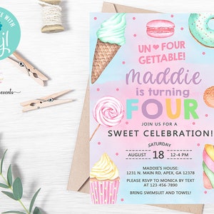 Candy un-four-gettable 4th birthday invitation, girl 4th birthday invite, candy sweets donut ice cream, digital printable, corjl editable.
