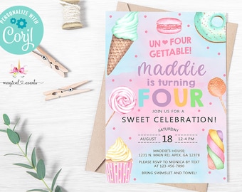 Invitation 4e anniversaire bonbon à obtenir pour quatre, invitation 4e anniversaire fille, crème glacée beignet bonbons bonbons, imprimable numérique, modifiable corjl.