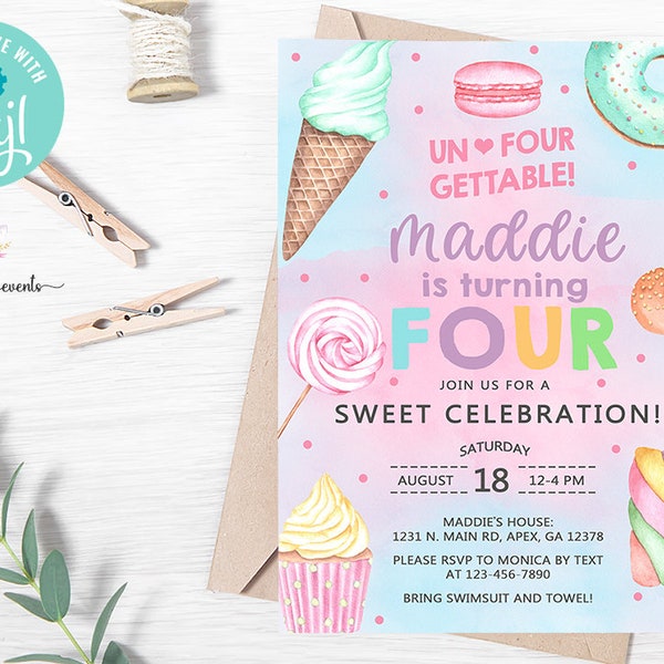 Candy un-four-gettable 4e verjaardagsuitnodiging, meisje 4e verjaardag uitnodigen, snoep snoep donut ijs, digitaal afdrukbaar, corjl bewerkbaar.