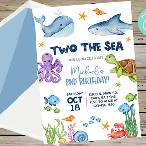Two the Sea birthday invitation, boy 2nd birthday invite, under the sea ocean life invite, digital printable, boy second birthday, corjl.