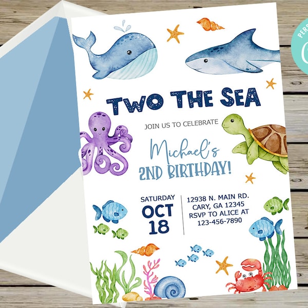 Two the Sea birthday invitation, boy 2nd birthday invite, under the sea ocean life invite, digital printable, boy second birthday, corjl.