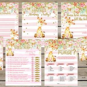 Giraffe baby shower games bundle, girl baby shower games, giraffe games package, girl baby giraffe, 5 baby shower games, giraffe games pack.