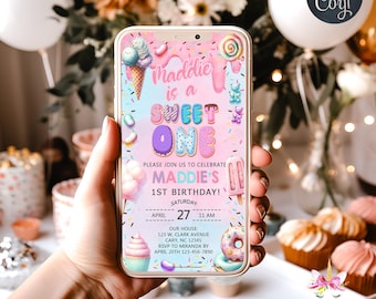 Sweet One girl birthday cell phone evite, Sweet One birthday phone invitation electronic invite, sweets candy cookies, digital printable.