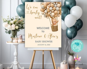 16x20 bearly wait brown bear baby shower welcome sign, teddy bear welcome sign, hot air balloon balloons, boy baby shower corjl welcome sign