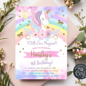 May include: A pink and blue unicorn birthday invitation with a rainbow, stars, and flowers. The text reads "FOUR-Ever Magical! Come to Celebrate Haisley's 4th Birthday!" with details for the party.