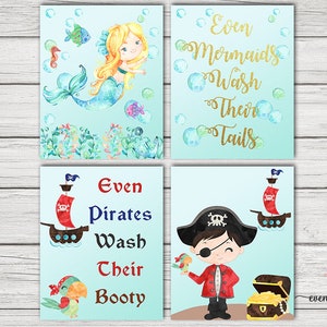 Girl mermaid wall art, boy pirate wall decor, digital printable, brother sister, bathroom decor, mermaids wash tails, pirates wash booty.