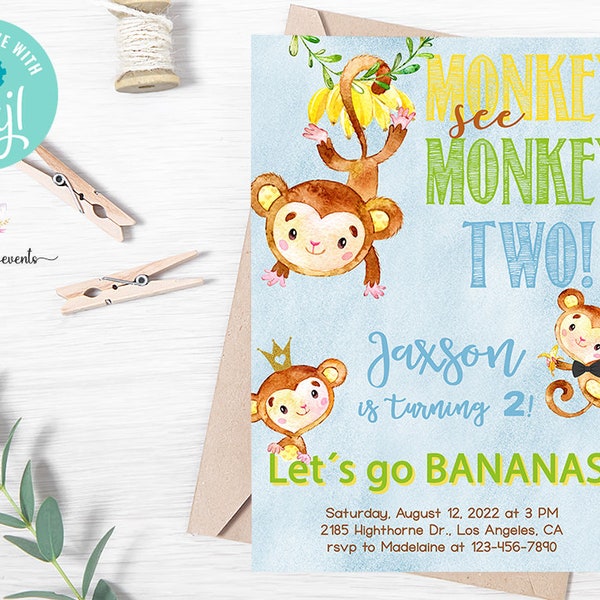 Monkey birthday invitation, lets go bananas boy 2nd birthday invite, digital printable, monkey see monkey two boy invite, corjl editable.