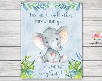 Blue boy elephant wall art, baby elephant and green leaves, digital printable, instant download, first we had each other, then we had you