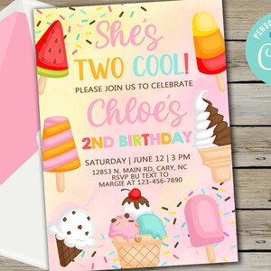 Two cool popsicle & ice cream girl 2nd second birthday invitation, invite, shes two cool, summer invitation digital printable corjl editable