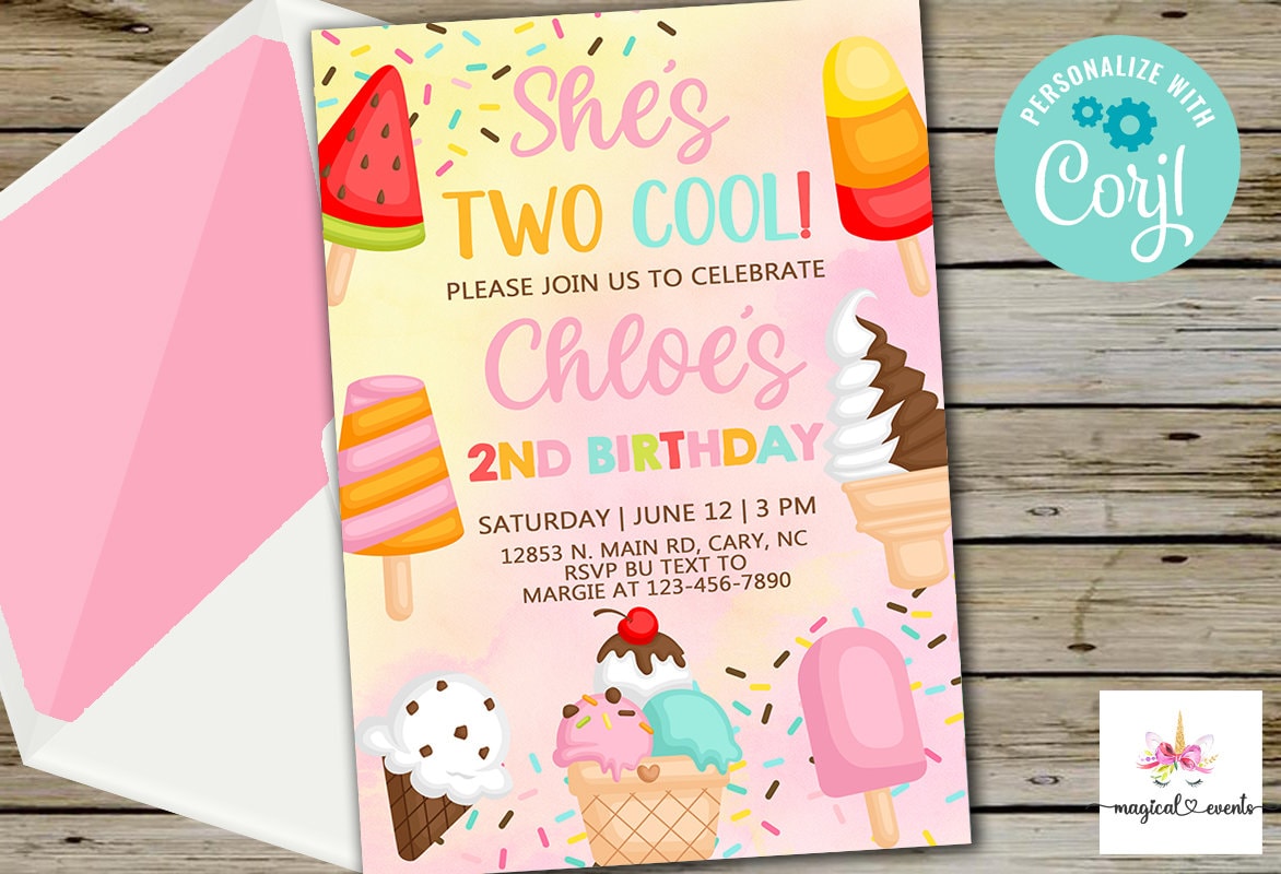 Two cool popsicle ice cream girl 2nd second birthday invitation invite shes two cool summer invitation digital printable