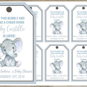 Elephant blue boy mini champagne bottles tag, baby shower favors, customized tags, boy blue elephant theme, favor tags, pop this bubbly.