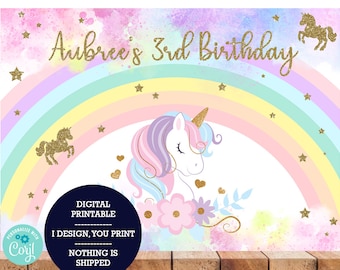 DIGITAL IMAGE, digital printable, digital backdrop, I design you print nothing is shipped, Unicorn unicorns gold girl birthday backdrop.