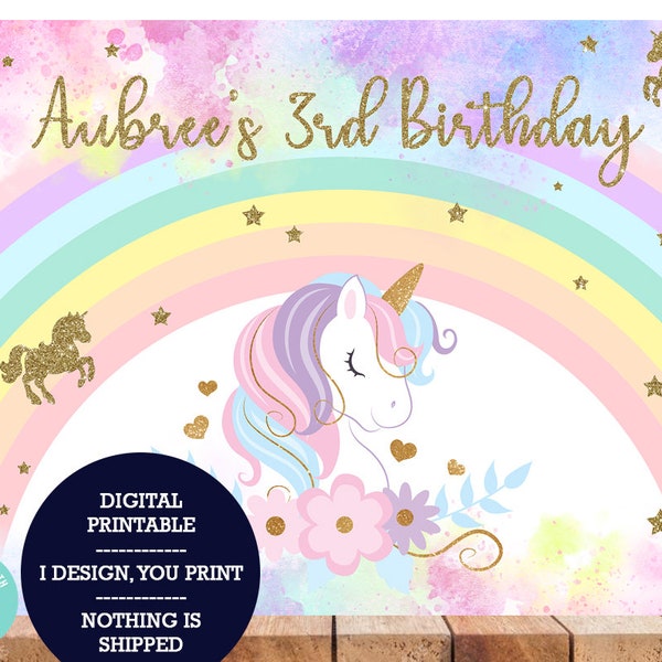 DIGITAL IMAGE, digital printable, digital backdrop, I design you print nothing is shipped, Unicorn unicorns gold girl birthday backdrop.