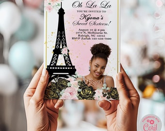 Sweet 16, Quinceañara Einladung, rosa & schwarze Rosen, Gold, Paris Eiffelturm Oh La La Sweet Sixteen, digital printable Corjl editable.