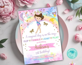 May include: A pink and blue birthday invitation with a rainbow, stars, and a unicorn. The invitation says "A magical day is on the way...FLIP TUMBLE JUMP PLAY" and "Aubree's 5th Birthday!" with a date and time.