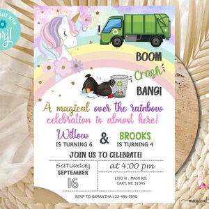 May include: A colorful invitation for a birthday party with a unicorn and a garbage truck. The text reads "A magical over the rainbow celebration is almost here! Willow is turning 6 & Brooks is turning 4. Join us to celebrate! Saturday September 16 at 4:00 pm. 1293 N. Main Rd. Cary, NC 12345. RSVP to Samantha 123-456-7890."