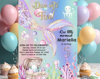 Glitter mermaid tail girl 5th birthday invitation, pool birthday invite, corjl digital printable, dive into five mermaid birthday party.