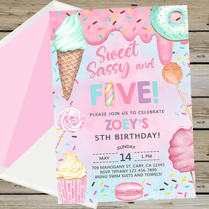 Candy SWEET SASSY and FIVE girl birthday invitation, birthday invite, cotton candy sweets donut ice cream cupcake, corjl digital printable.