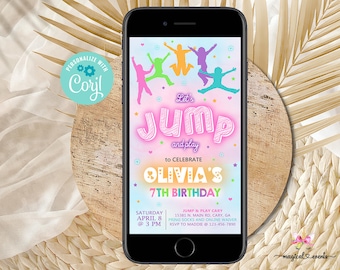 JUMP girl birthday cell phone evite, JUMP birthday phone invitation electronic invite, pastel jumping silhouettes, corjl digital printable