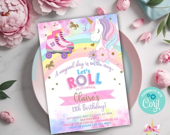 Unicorn & Roller Skating girl birthday invitation, LET'S ROLL girl birthday invite, corjl digital printable, girl birthday unicorn skates.