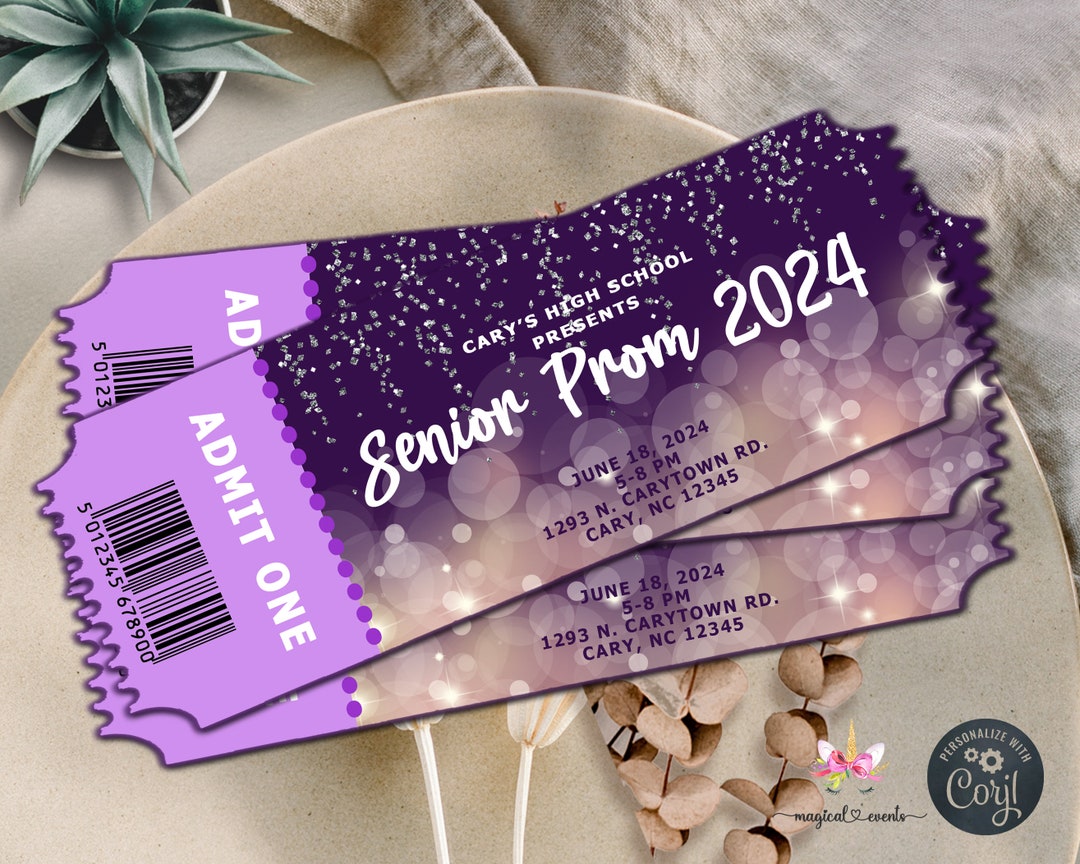 Prom Ticket Template, Prom Senior, Prom Night, Purple and Silver Prom Ticket Template, Prom Senior, Prom Night, Purple and Silver