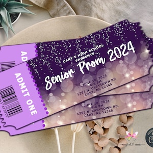 Einladungskarte für den Abschlussball, Abschlussball Senior, Abschlussball Nacht, violetter und silberner Glitzer und Bokeh, digital druckbarer Download Corjl bearbeitbar, Veranstaltungstickets