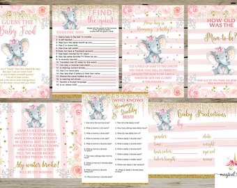 Elephant baby shower games bundle, girl baby shower games package, games pack, pink and gold glitter, elephant with pink hair bow, games.