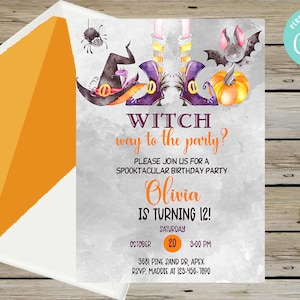 Halloween girl witch birthday party invitation, invite, corjl digital printable, halloween witch feet witch hat pumpkin bat spider web.
