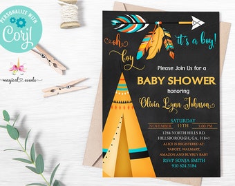 Boy tribal baby shower invitation, boy baby shower invite, tribal native boho, digital printable, boy invite, arrow, teepee, corjl editable.