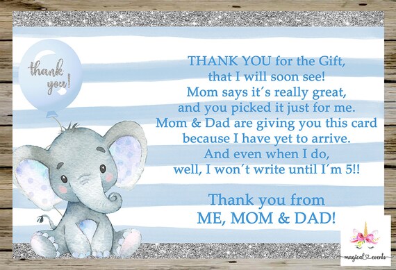 Blue Elephant and Balloon Baby Shower Thank You Card, Boy Elephant
