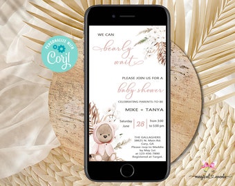 Bearly wait bear girl baby shower cell phone evite, bearly wait phone invitation, electronic invite, boho flowers, corjl digital printable.