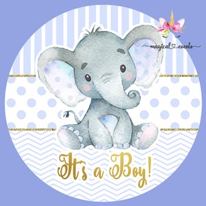 Blue elephant its a boy baby shower cake topper or centerpiece, boy elephant baby shower, 8x8 in, digital printable, blue white and gold.