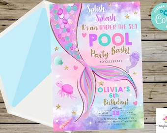 Pastel mermaid tail girl birthday invitation, pool birthday invite, corjl digital printable, splish splash under the sea, pool birthday bash