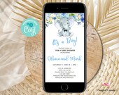 Blue elephant baby shower cell phone invite, blue flowers & elephant phone invitation, electronic invite, bowtie, corjl digital invite.