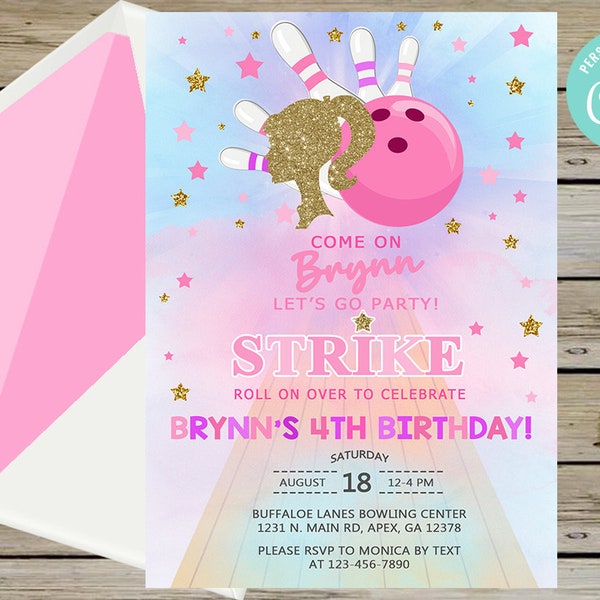 Bowling girl birthday invitation, roll on over to celebrate girl birthday invite, digital printable, bowling birthday, dolls, strike, corjl.