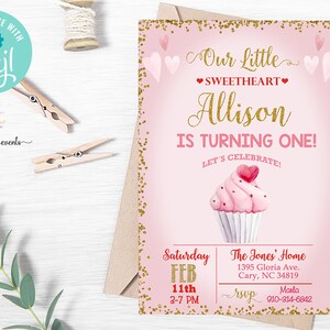 Valentines cupcake birthday invitation, girl birthday invite, corjl digital printable, valentines invite, cupcake, sweetheart, turning one.